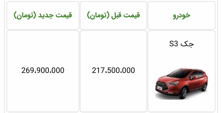 قیمت جک اس 3 فروردین 99