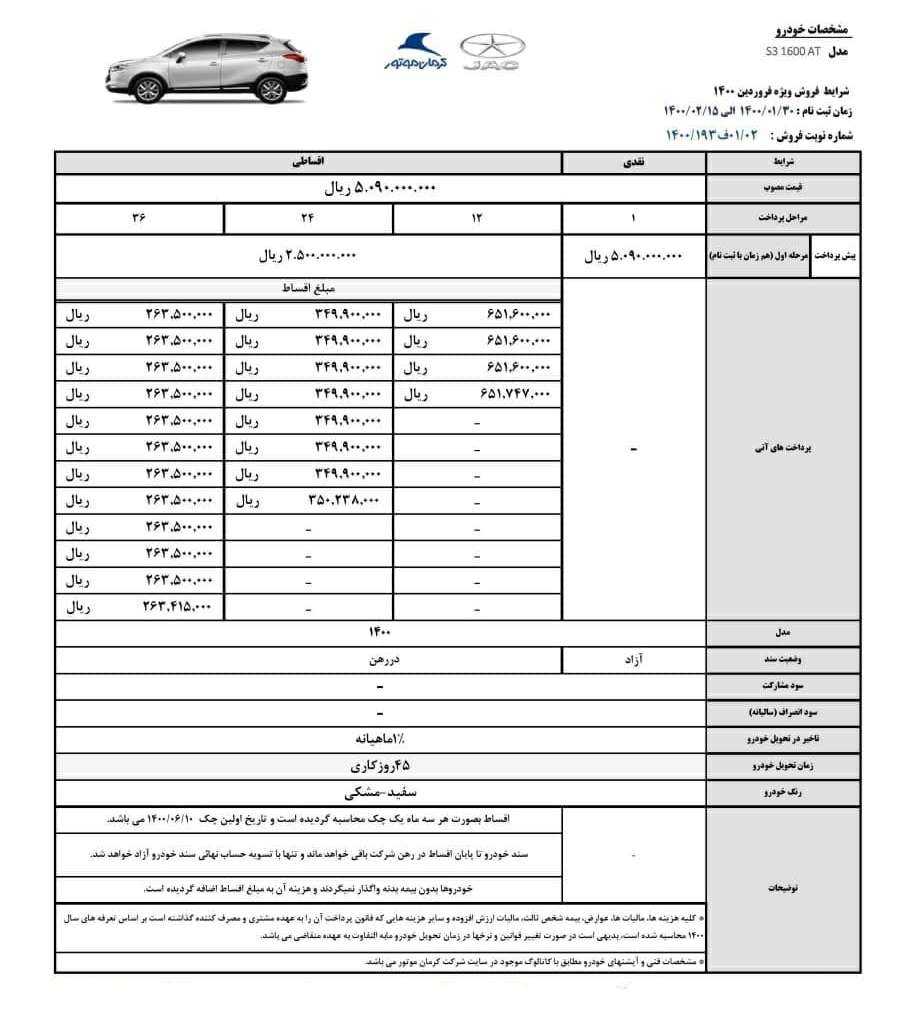 شرایط فروش ویژه جک S3 ، آوریل 1400